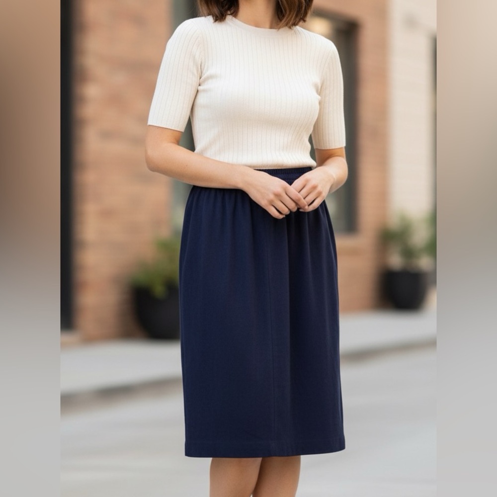 VINTAGE Leslie Fay 12P Dark Navy Blue Pencil Midi Skirt Career Workwear